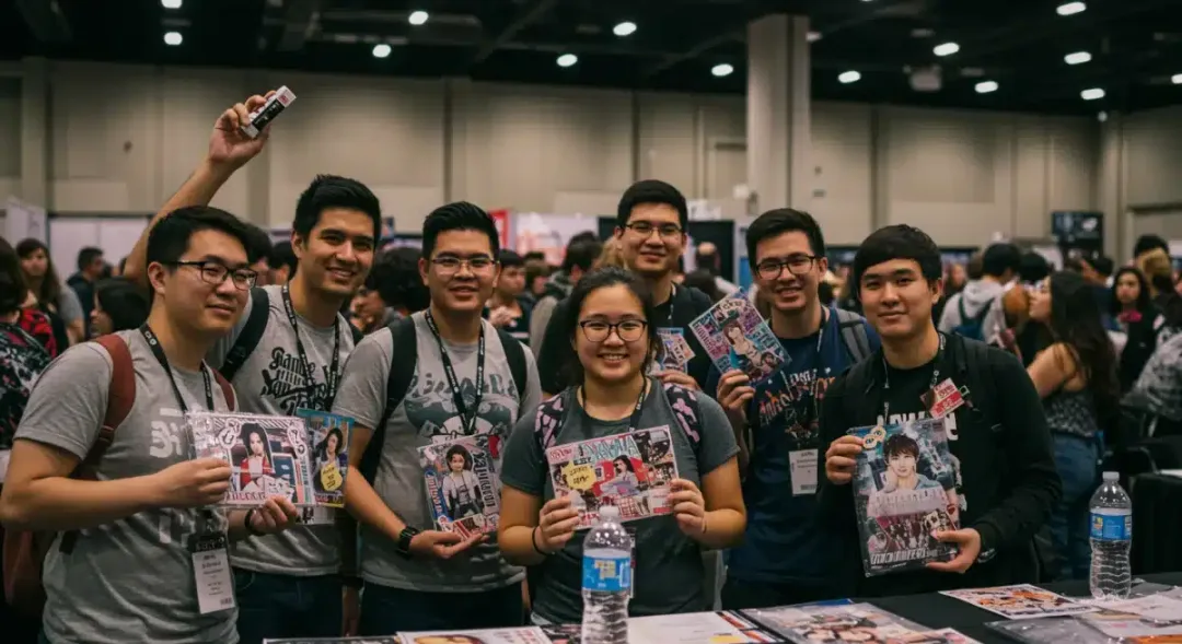 U.S. dorama fans at a convention, enthusiastically engaging with merchandise.