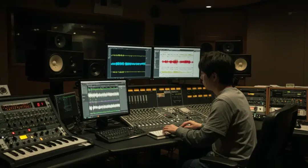 Music producer working on Dorama OSTs in a modern studio