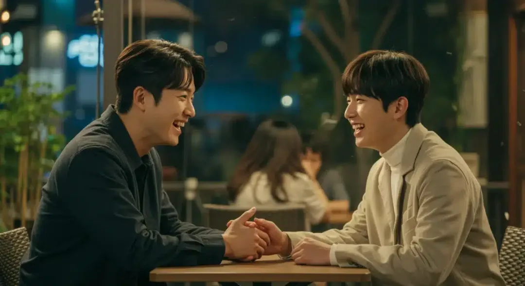 Two actors in a romantic comedy K-drama scene, smiling and interacting in a modern setting.