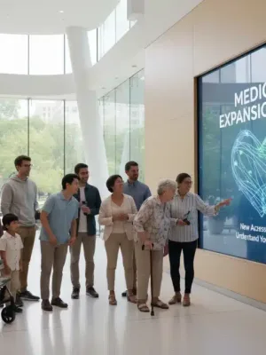 Diverse individuals reviewing Medicaid Expansion 2026 information on a screen