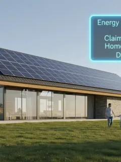 Modern home with solar panels, symbolizing energy efficiency and rebates