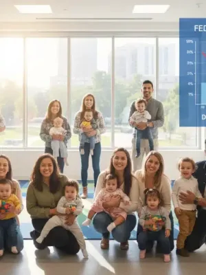 Parents and children benefiting from child care assistance programs 2026, smiling in a bright center.