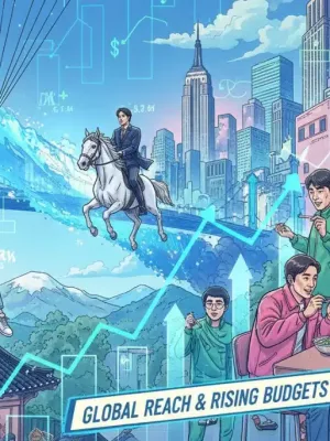 K-drama characters with financial growth charts, representing increased budgets for US distribution.