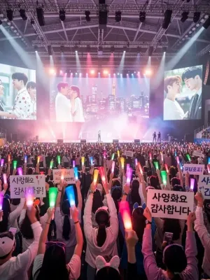 Excited K-drama fans at a bustling fan meet-up event, lightsticks glowing in anticipation of the August 2026 gathering.