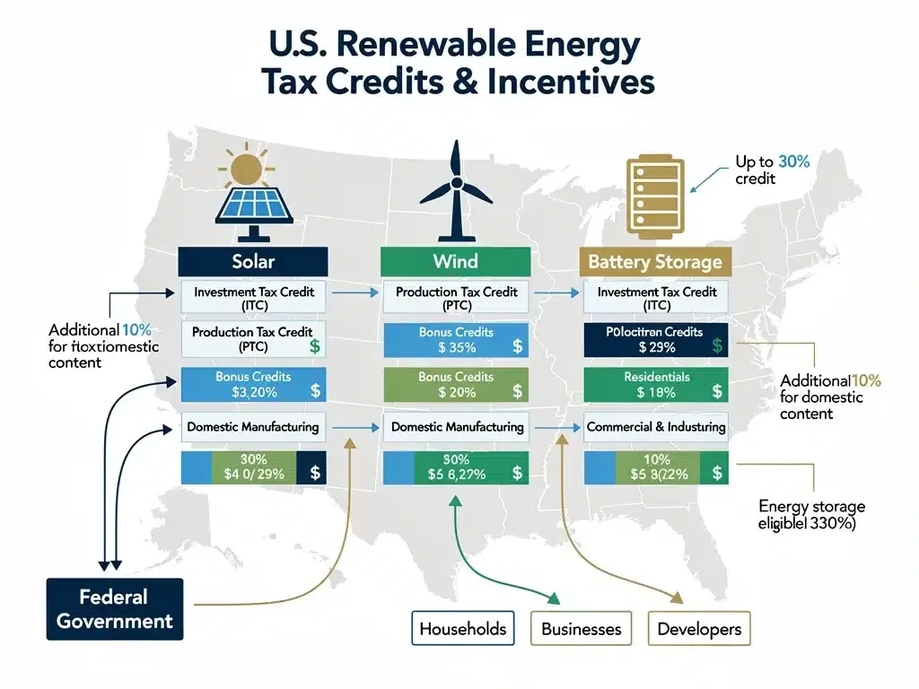 Infographic detailing US renewable energy tax credits and incentives