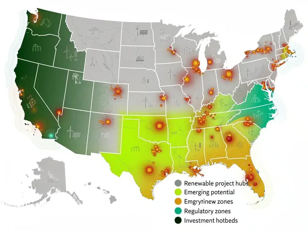 Map of US showcasing renewable energy project development and regulatory zones