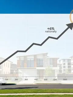 Graph illustrating a 6% national increase in median home prices for Q1 2026, set against a modern housing backdrop.