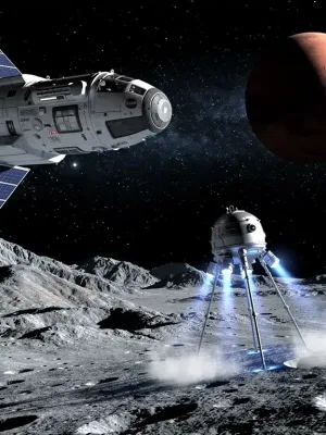NASA spacecraft orbiting Moon, probe descending, Mars in background, symbolizing 2026 missions.