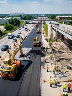 Construction workers and machinery actively repairing a major highway and bridge, showcasing infrastructure bill progress.