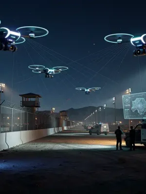 Futuristic AI surveillance drones monitoring U.S. border security at night