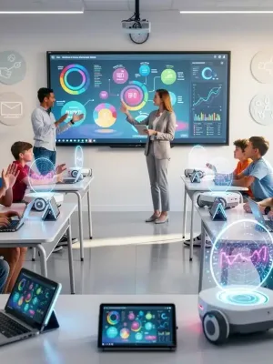 Students engaging with advanced educational technology in a modern classroom setting.