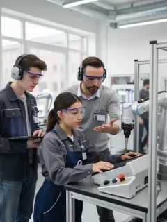 Students learning robotics in modern vocational training center