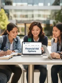 College students reviewing FAFSA financial aid information on a tablet.