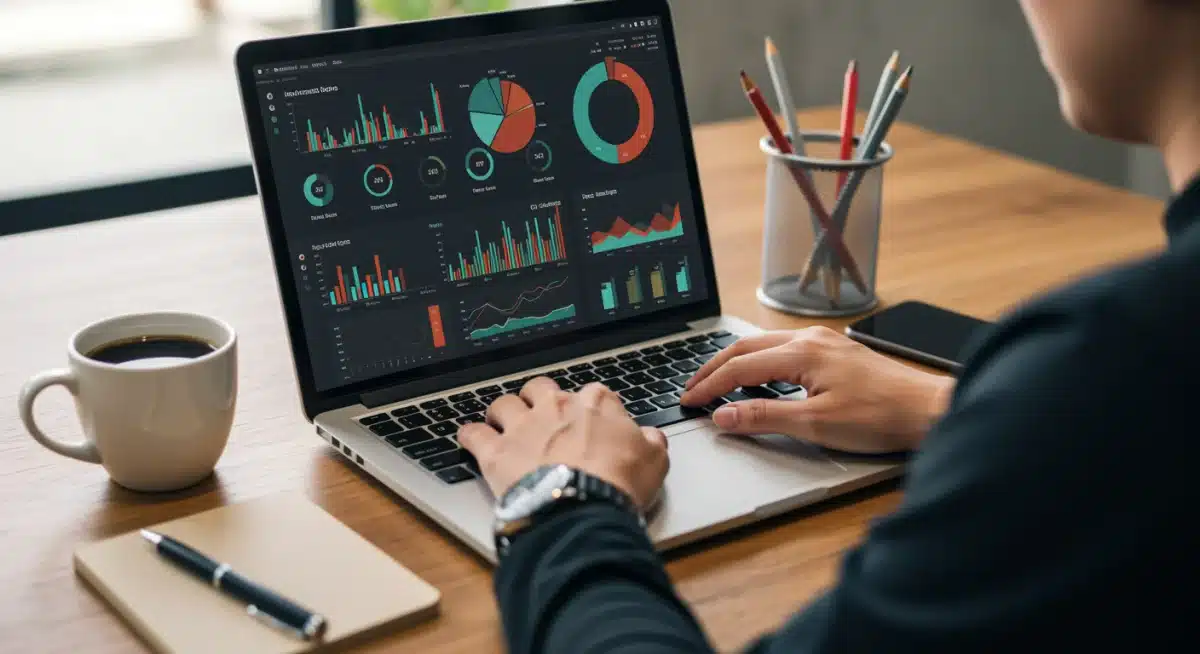 Person analyzing financial dashboard on laptop, focusing on investment strategies.