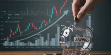 Hand placing coin into piggy bank amidst rising interest rate charts, symbolizing savings protection.