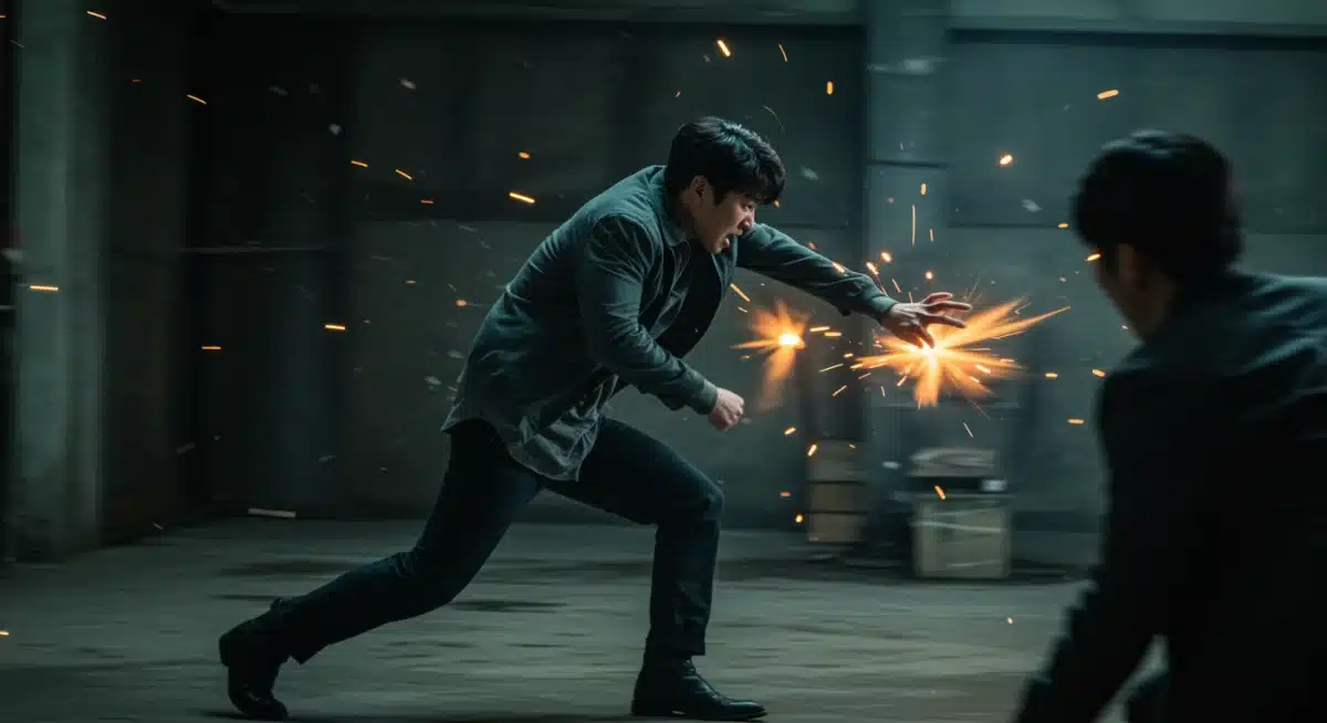 Action-packed K-Drama scene with a lead actor in a thrilling chase.