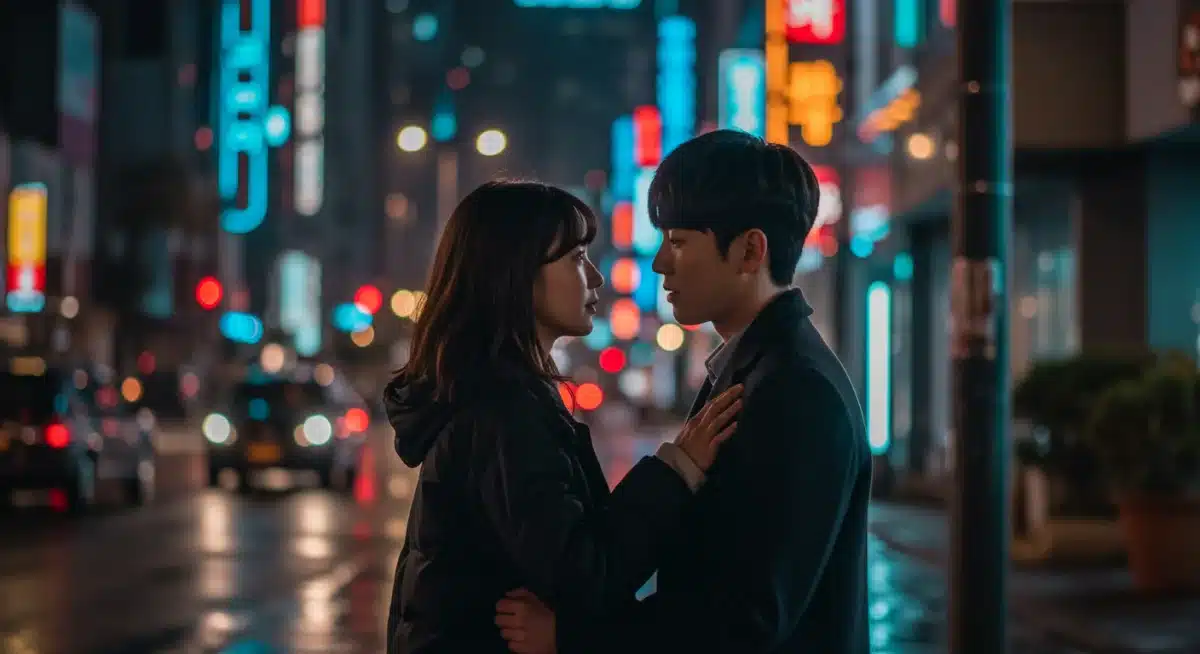 Romantic K-Drama scene with lead actors in a modern city setting.