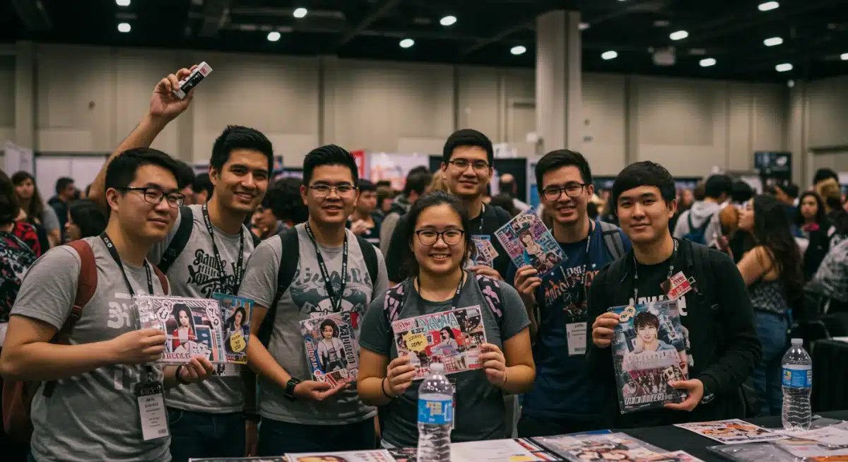 U.S. dorama fans at a convention, enthusiastically engaging with merchandise.