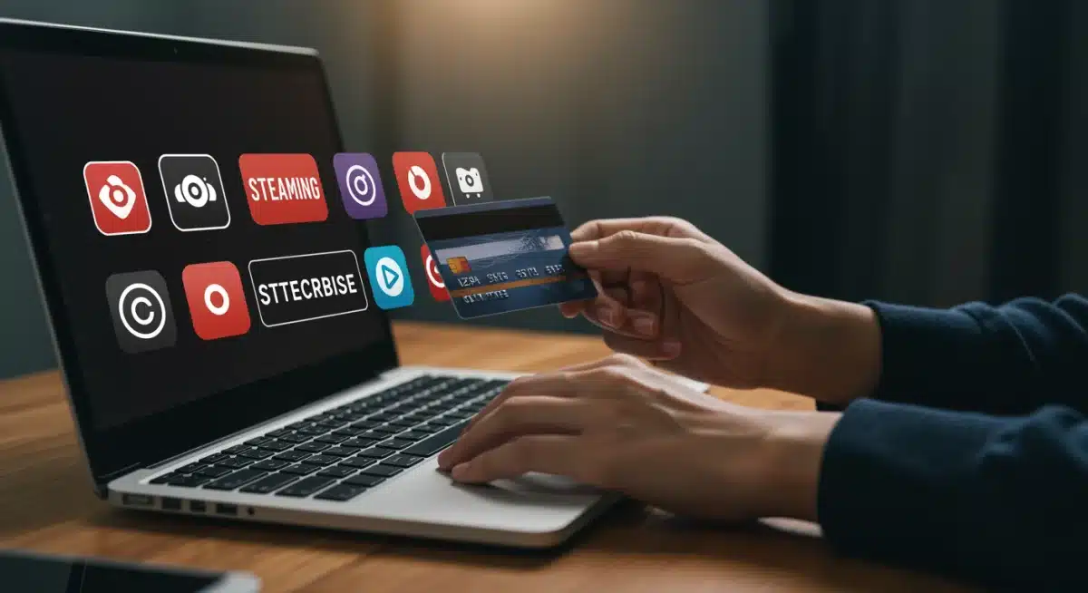 Person subscribing to a legal dorama streaming service with a credit card on a laptop.