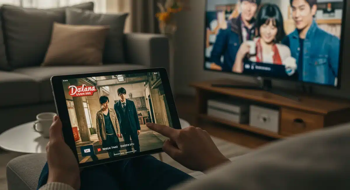 Person watching dorama on a streaming service in a comfortable home setting