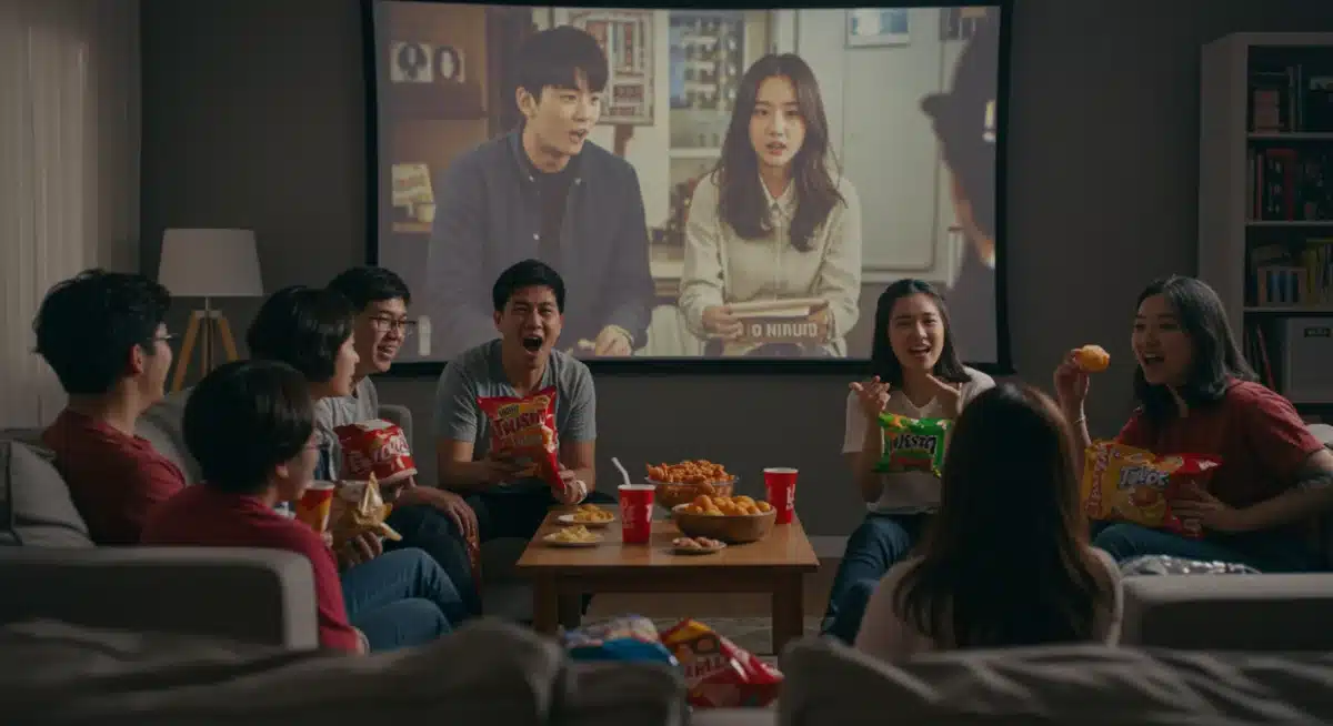 Diverse young adults engrossed in an Asian drama, illustrating the growing Dorama Hype and communal binge-watching experience in the US.