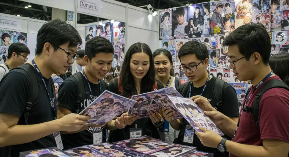 Diverse fans engaging with Dorama merchandise at a lively convention booth.