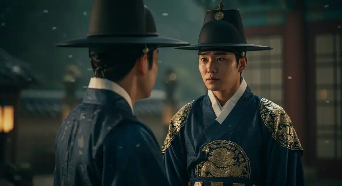 Actor in traditional Korean attire in a dramatic historical K-drama scene, featuring an ancient palace backdrop.