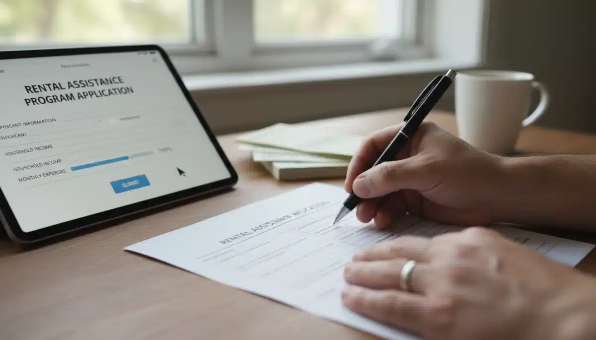 Hands completing a housing assistance application for 2026 rent subsidy.