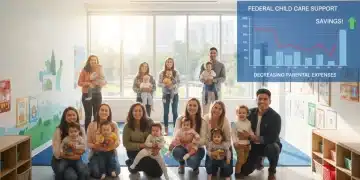Parents and children benefiting from child care assistance programs 2026, smiling in a bright center.