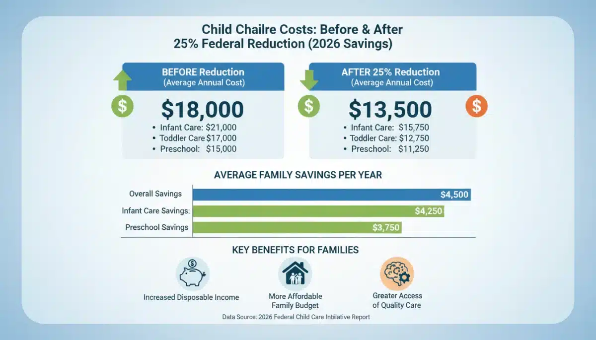 Infographic illustrating 25% child care cost reduction through 2026 federal assistance.