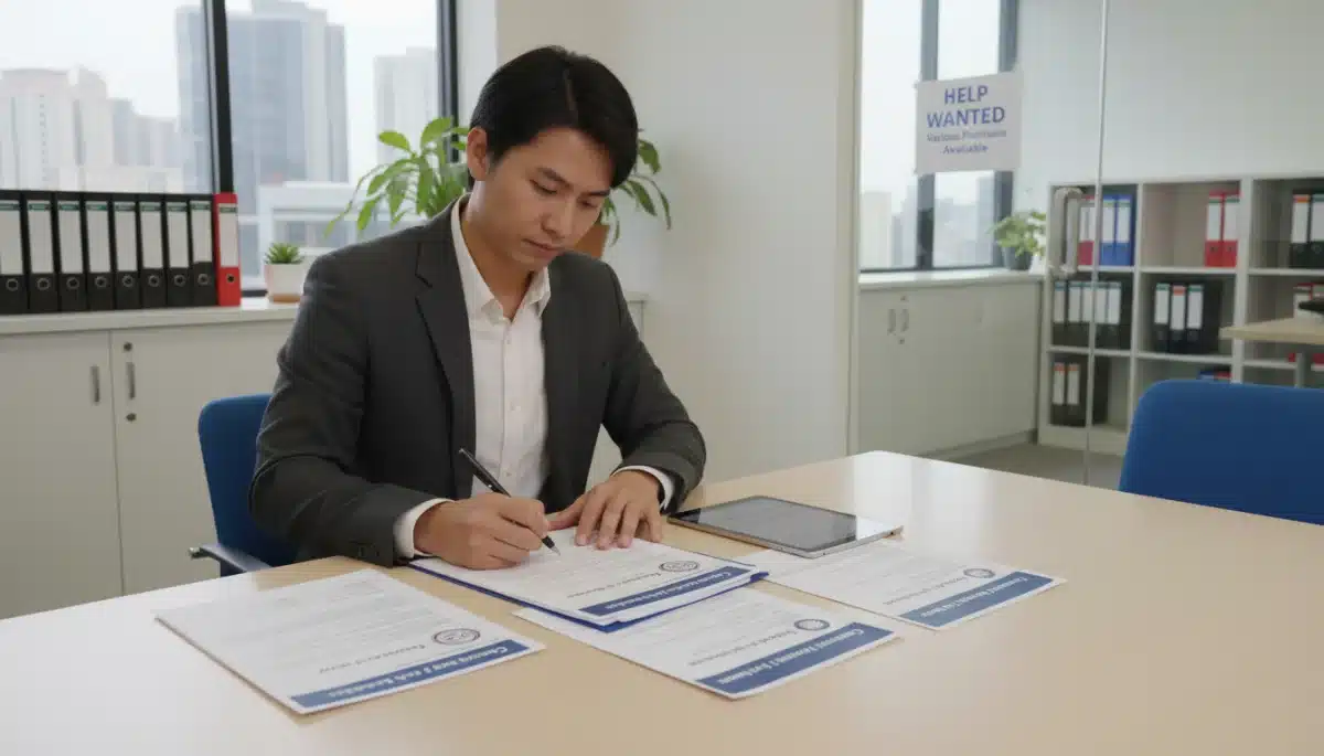 Individual filling out application forms for financial assistance