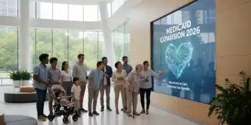 Diverse individuals reviewing Medicaid Expansion 2026 information on a screen
