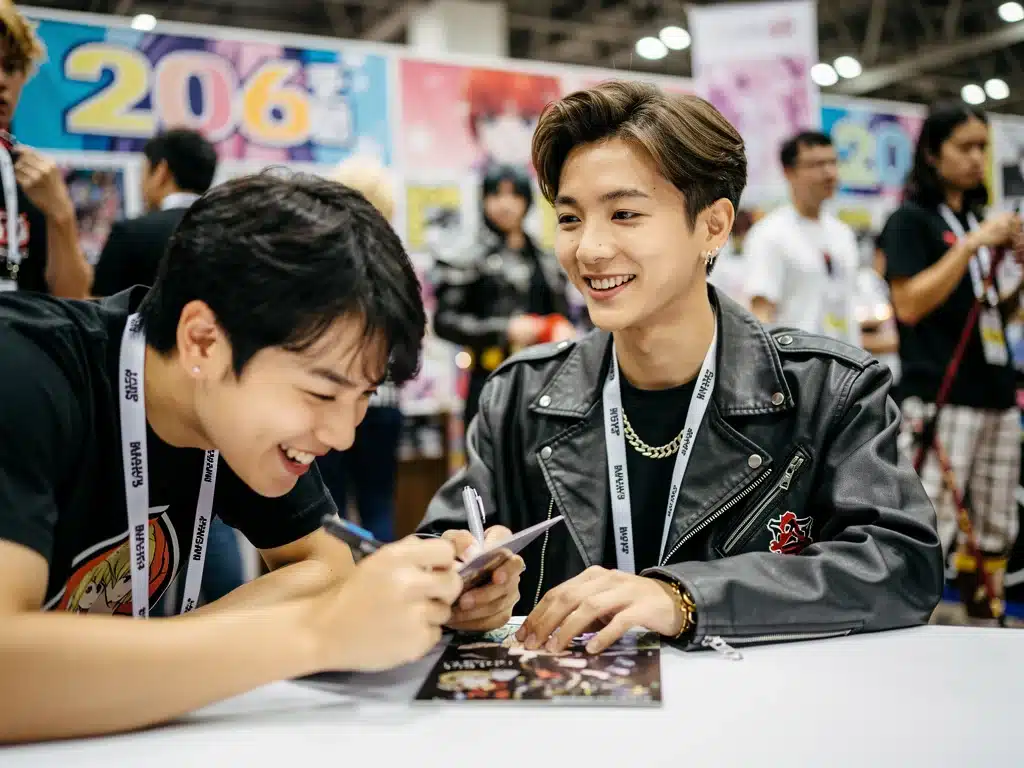 Fan engaging with a dorama celebrity at a U.S. convention, highlighting personal interaction and fan experience.