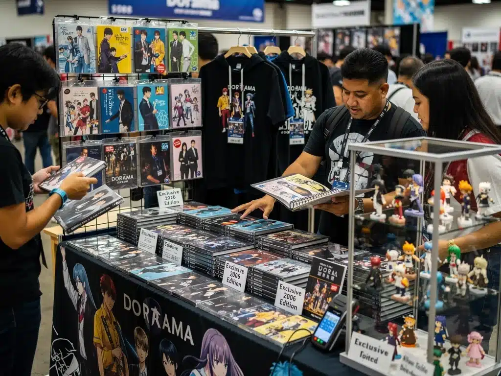 Exclusive dorama merchandise displayed at a vendor booth during a U.S. fan convention, attracting eager buyers.