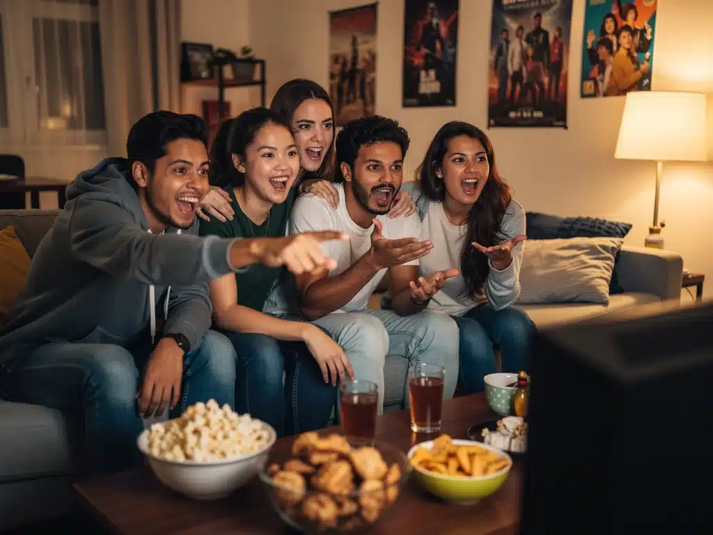 Friends discussing dorama scenes during an engaging watch party.