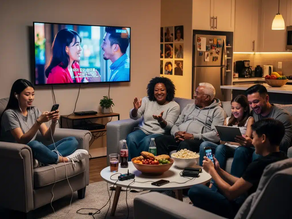 Diverse audience enjoying doramas on multiple devices, reflecting broad appeal