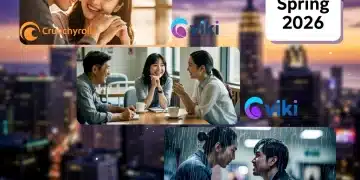 Dynamic collage showing dorama scenes, streaming logos, and a calendar for Spring 2026, illustrating platform changes.
