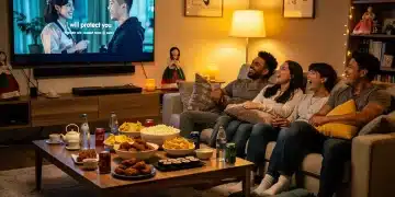 Friends enjoying a Dorama Watch Party in a cozy living room setting.