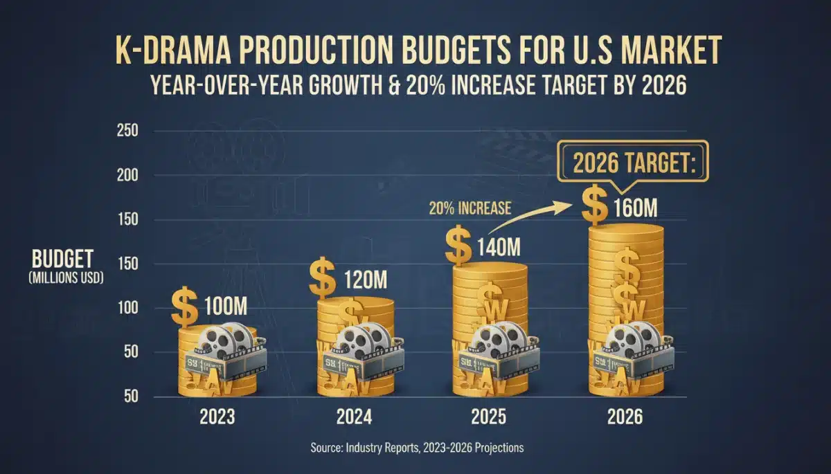 Infographic showing a 20% K-drama budget increase for US distribution by 2026.