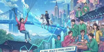K-drama characters with financial growth charts, representing increased budgets for US distribution.