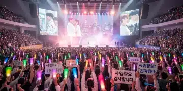 Excited K-drama fans at a bustling fan meet-up event, lightsticks glowing in anticipation of the August 2026 gathering.
