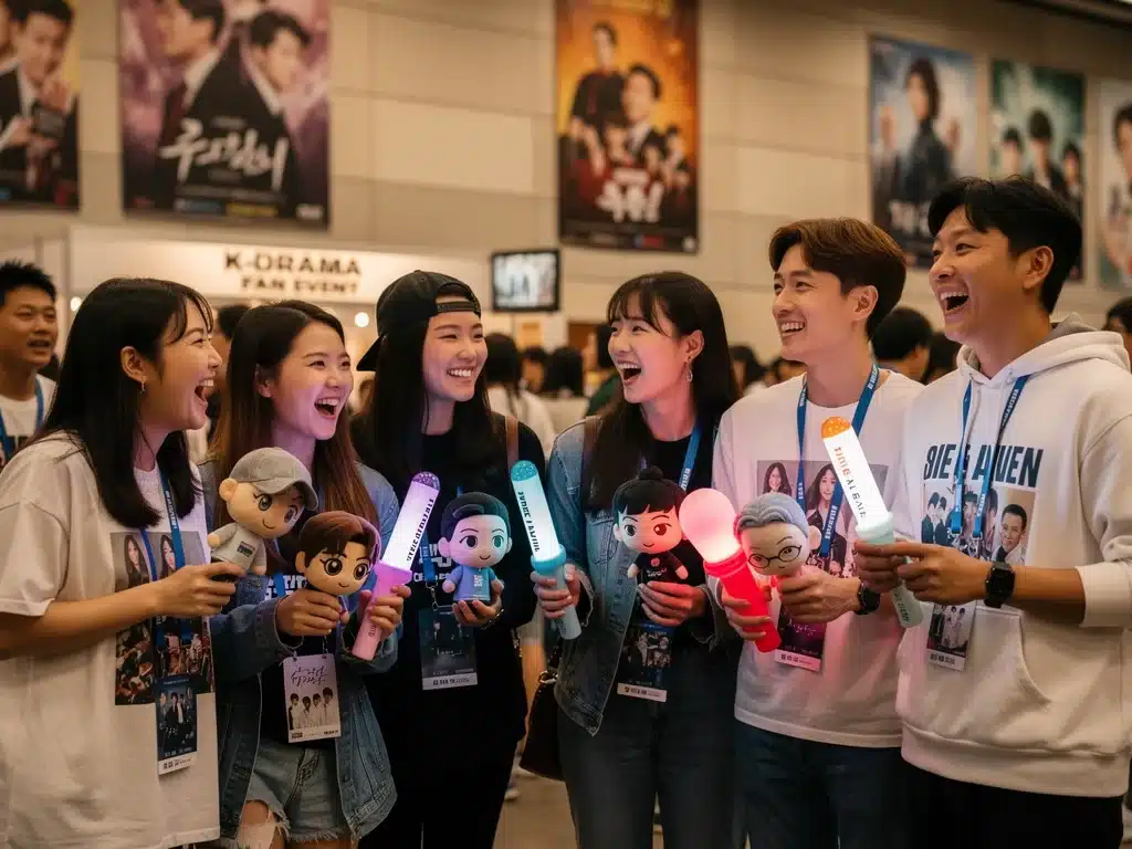 Diverse K-drama fans enthusiastically displaying merchandise and discussing their favorite shows at a fan event.