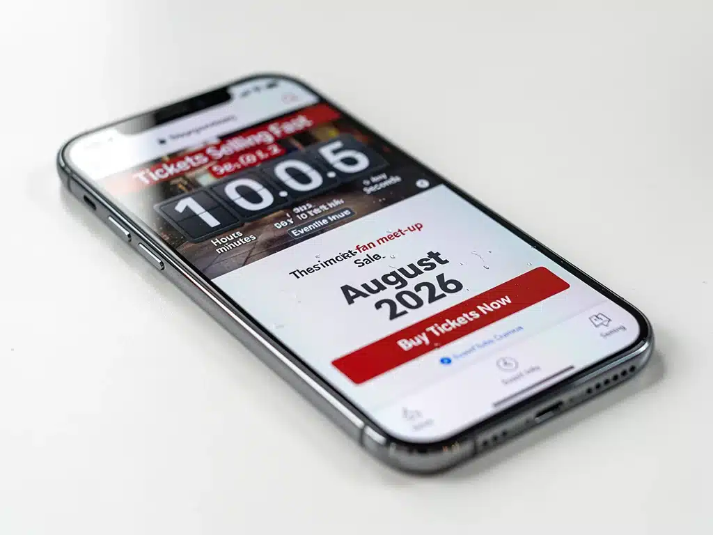 Smartphone showing time-sensitive K-Drama fan meet-up tickets selling quickly for the August 2026 event.