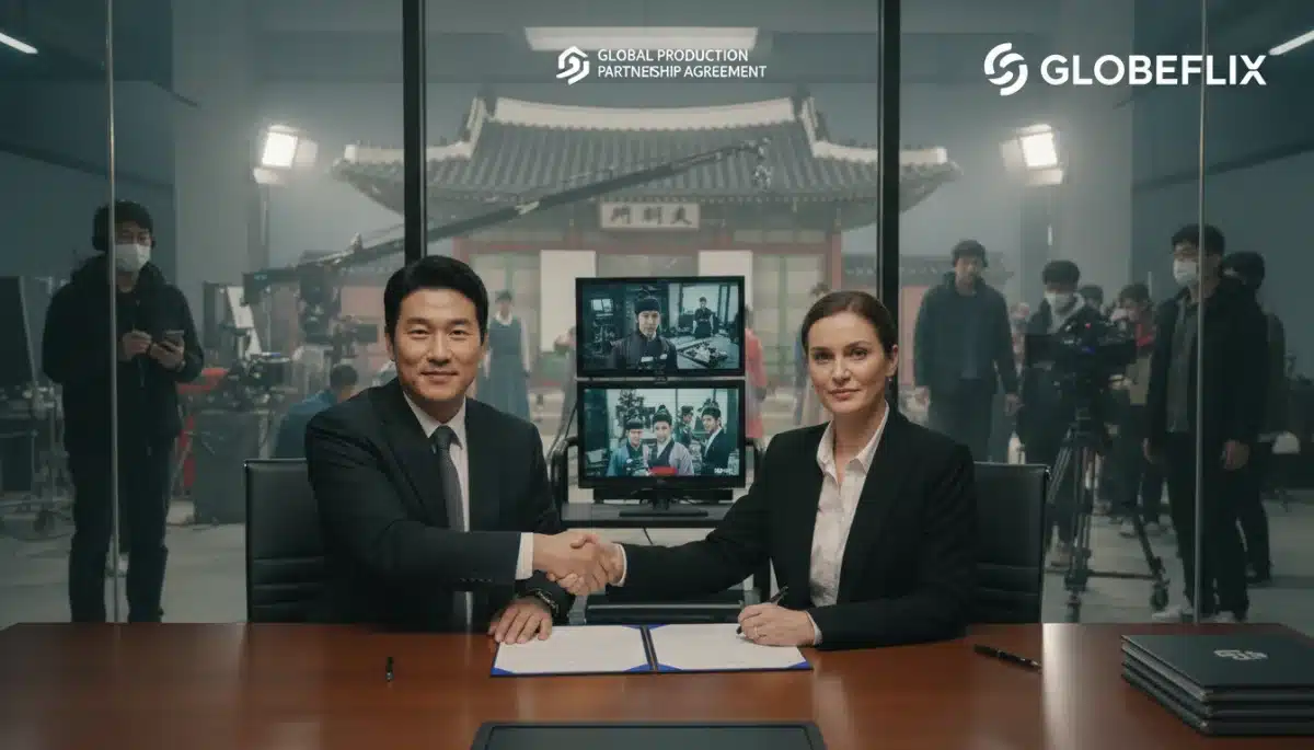 Executives signing a K-drama distribution contract between Korea and the US.