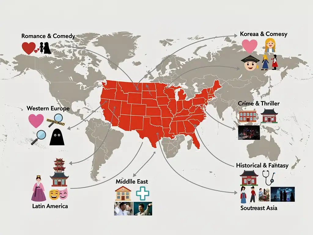 Map indicating regional variations in U.S. K-Drama genre preferences.