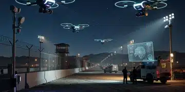 Futuristic AI surveillance drones monitoring U.S. border security at night