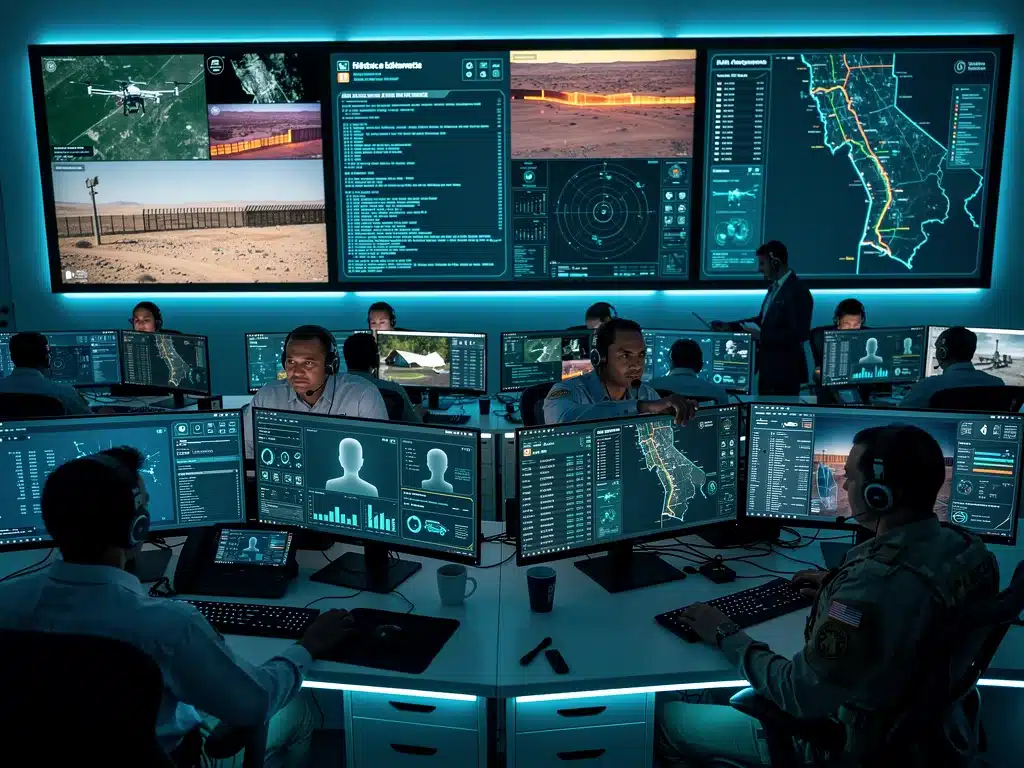 Control room monitoring AI surveillance data at U.S. borders