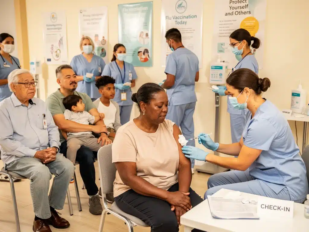 Community members receiving flu vaccinations at a public health event.