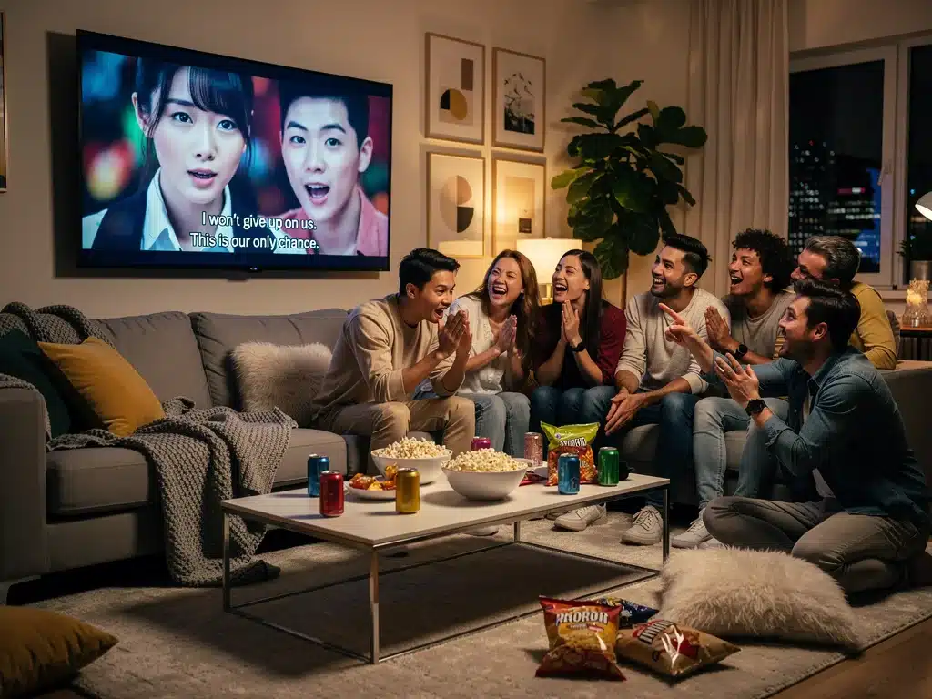 American audience engaging with dorama, subtitles, modern living room