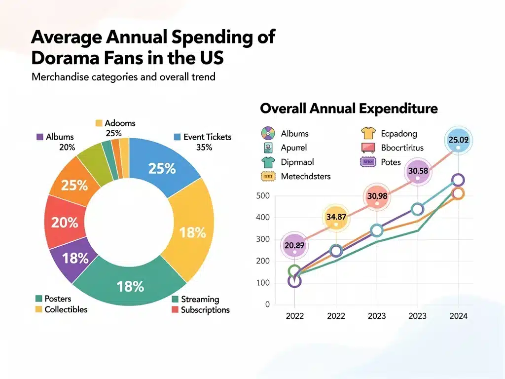 Infographic showing average annual dorama merchandise spending breakdown by category in the US.